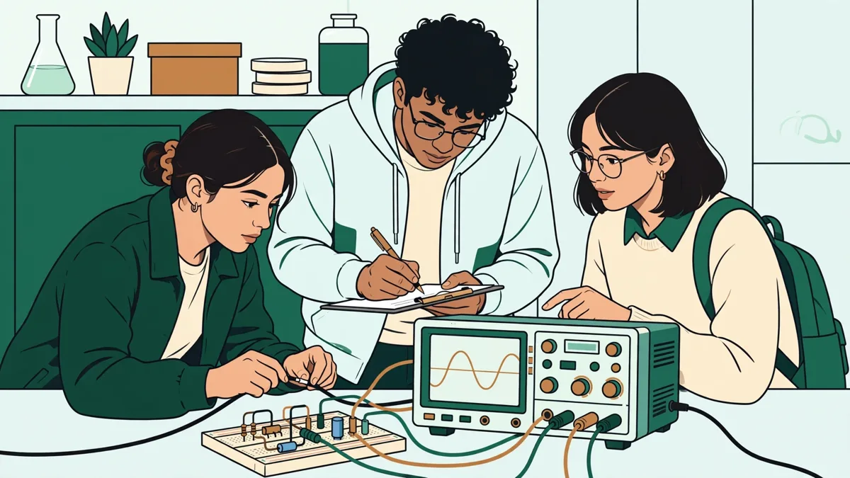 Trois étudiants en TP de physique autour d’un circuit électrique et d’un oscilloscope