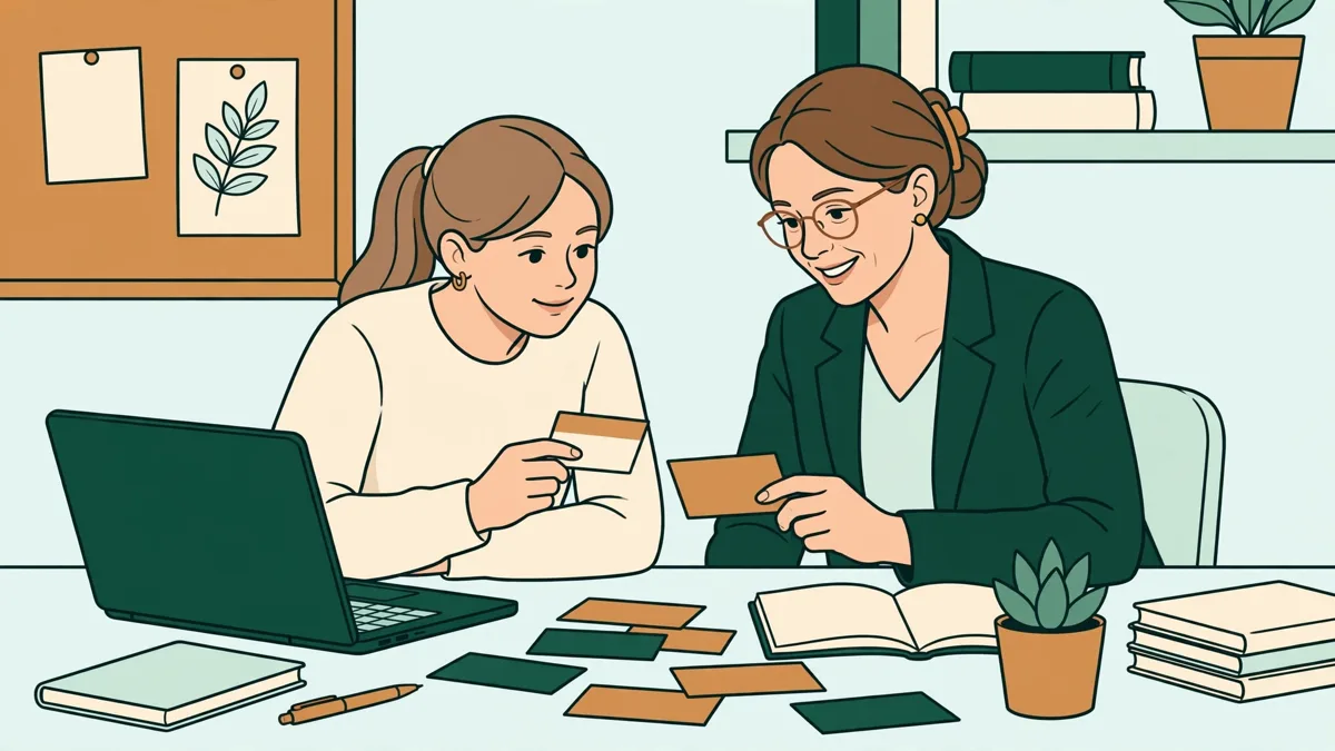 Étudiante et accompagnatrice qui comparent des fiches de cours et construisent un planning sur une table