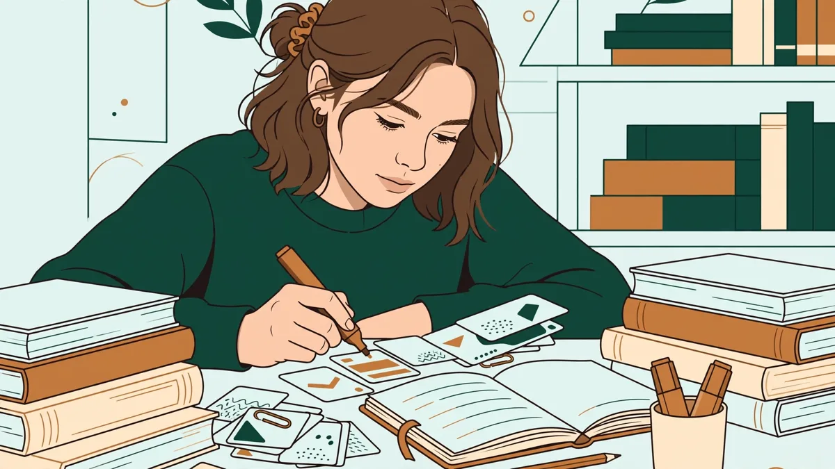 Illustration dessinée : une étudiante de première année en bibliothèque universitaire qui surligne une fiche de révision, entourée de manuels d'économie et d'un carnet de notes ouvert.