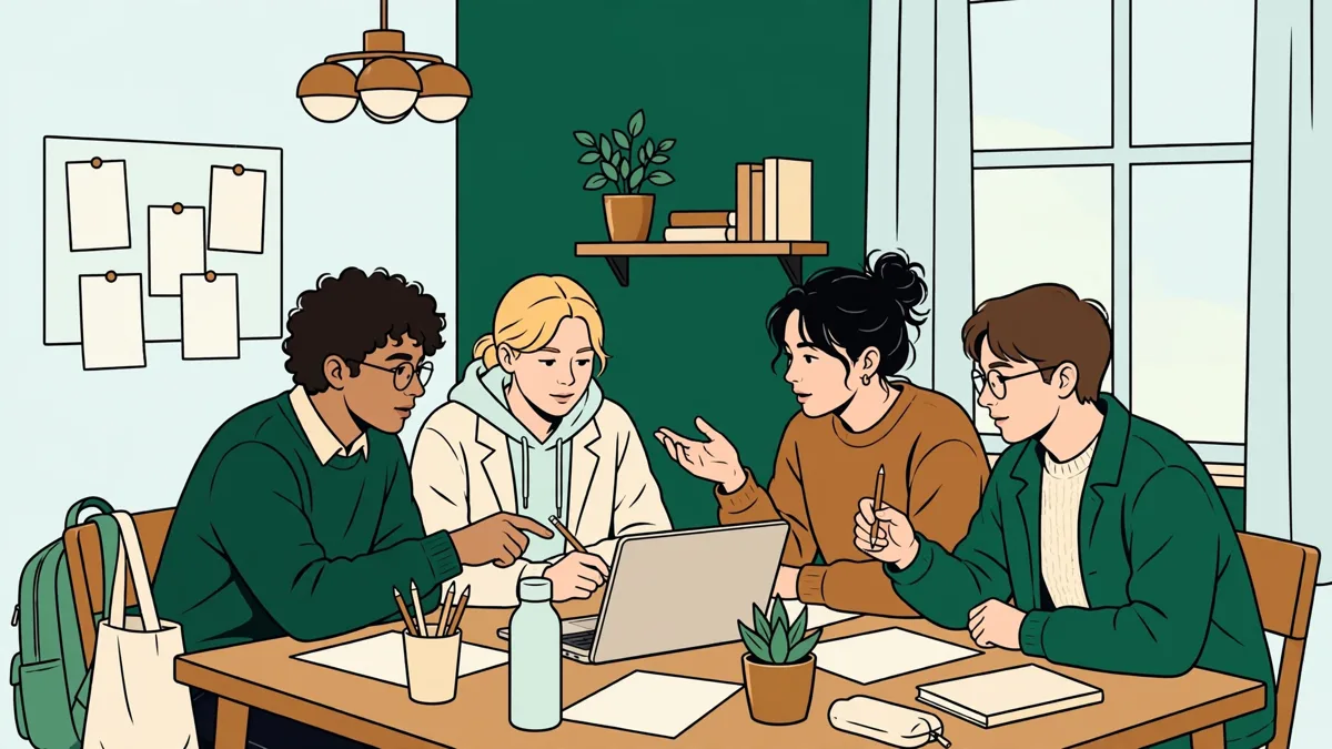 Illustration dessinée : des étudiants de première année en travaux dirigés autour d'une table, en train de résoudre ensemble un exercice d'économie sur un ordinateur portable et des feuilles de calcul.