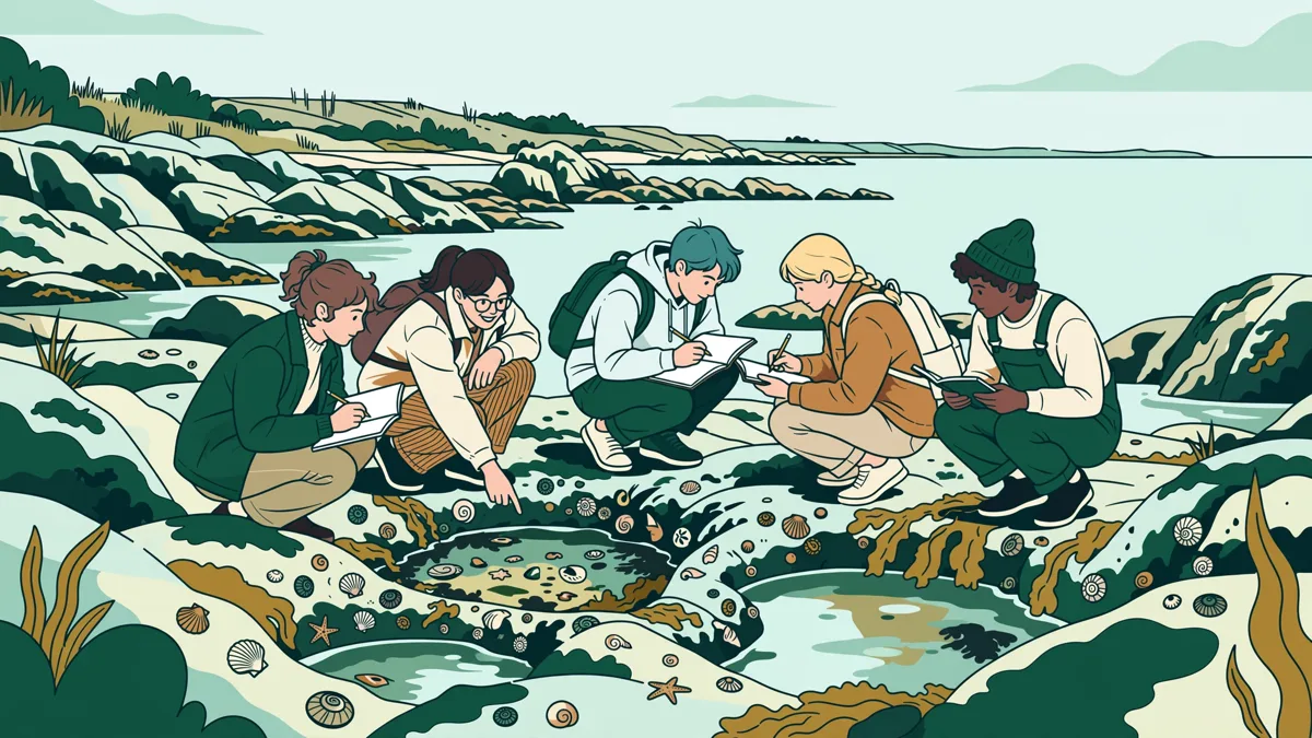 Un petit groupe d'étudiants avec carnets qui observent des rochers et des flaques sur une côte rocheuse.