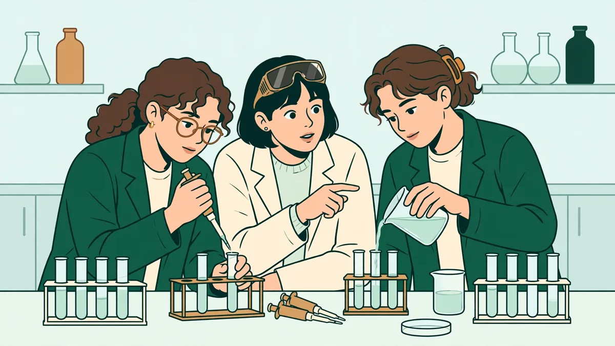 Trois étudiants en blouse autour d'une paillasse qui manipulent pipettes et tubes à essai pendant un TP.