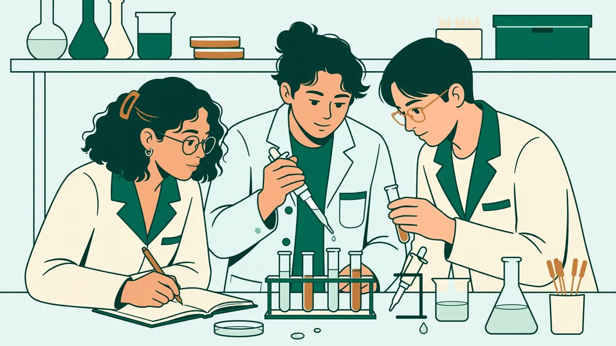 Trois étudiants en blouse autour d'une paillasse qui pipettent des tubes colorés et notent leurs observations.