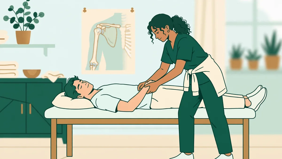 Deux étudiants en kinésithérapie en salle de pratique, l'un guidant la mobilisation de l'épaule de l'autre sur une table de soin.