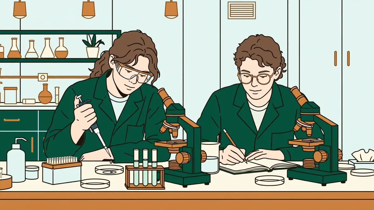 Étudiants de première année en travaux pratiques de biologie, en blouse, manipulant pipettes et microscopes par deux autour d'une paillasse.
