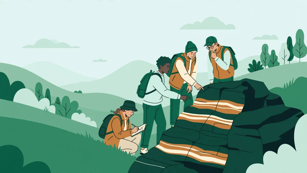 Un petit groupe d'étudiants avec carnets qui examine un affleurement volcanique en extérieur