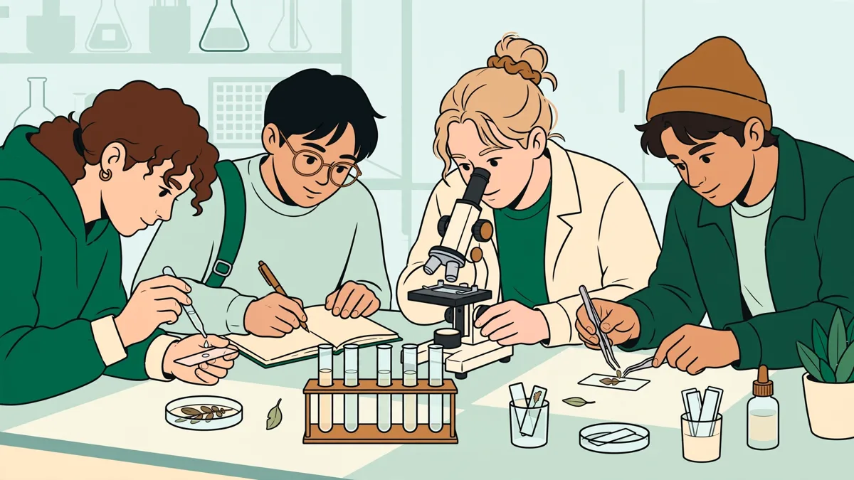 Quatre étudiants autour d'une paillasse qui observent des lames au microscope et notent leurs résultats