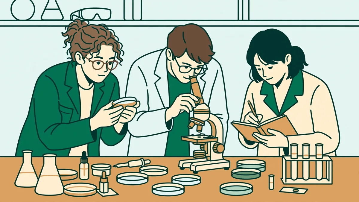 Trois étudiants en blouse autour d'une paillasse qui observent des lames au microscope et notent leurs résultats sur un cahier.