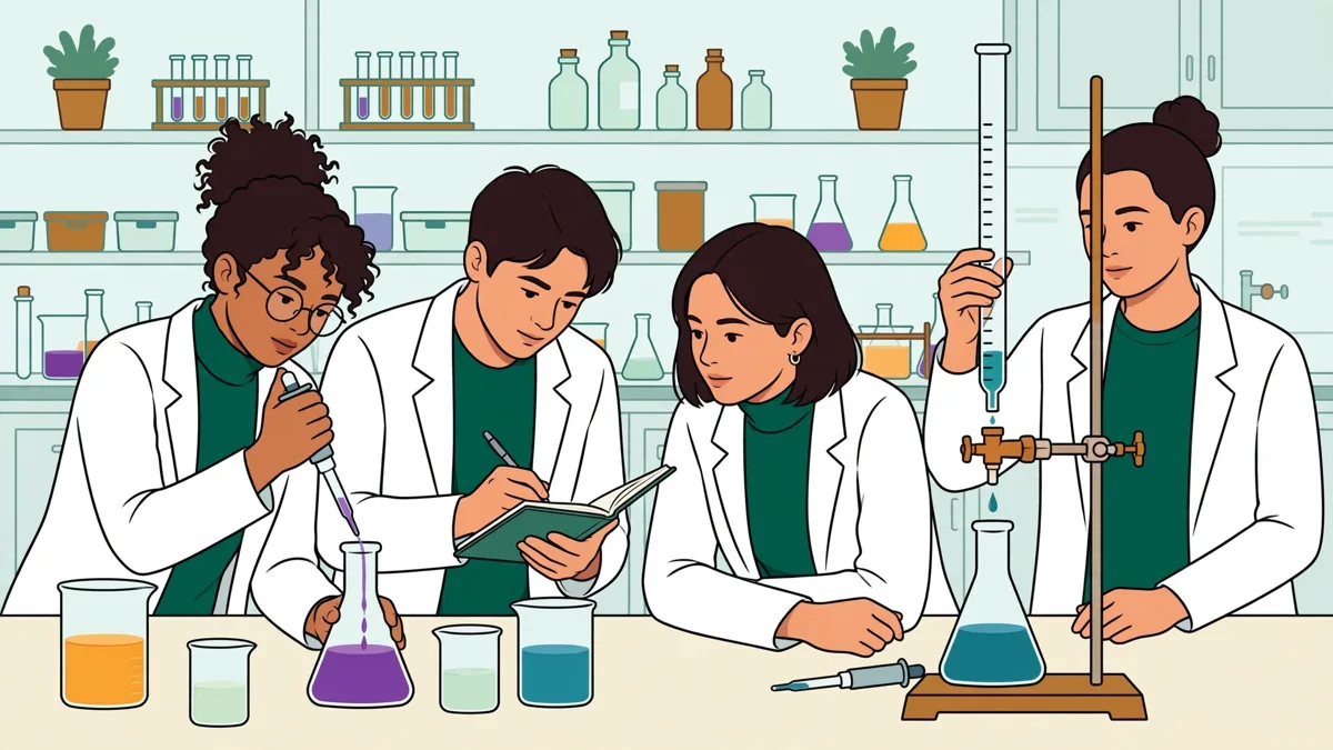 Quatre étudiants en blouse autour d'une paillasse qui réalisent un dosage coloré pendant un TP de chimie