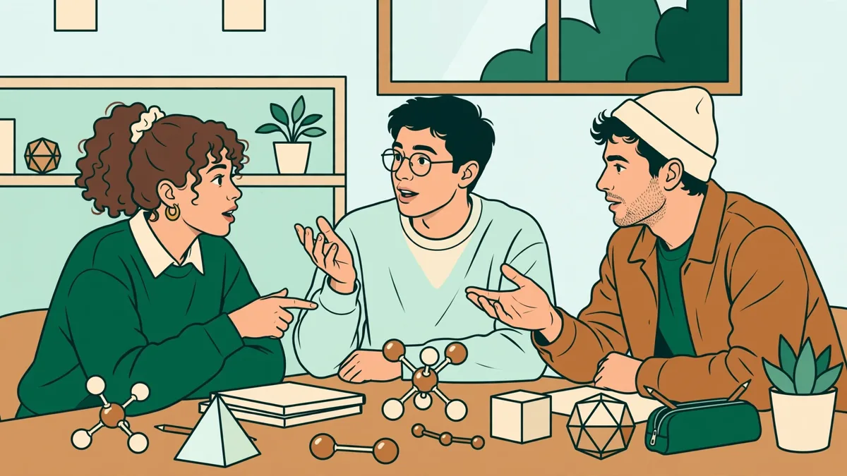 Illustration : trois étudiants autour d'une table qui discutent et manipulent des modèles moléculaires et des solides géométriques.