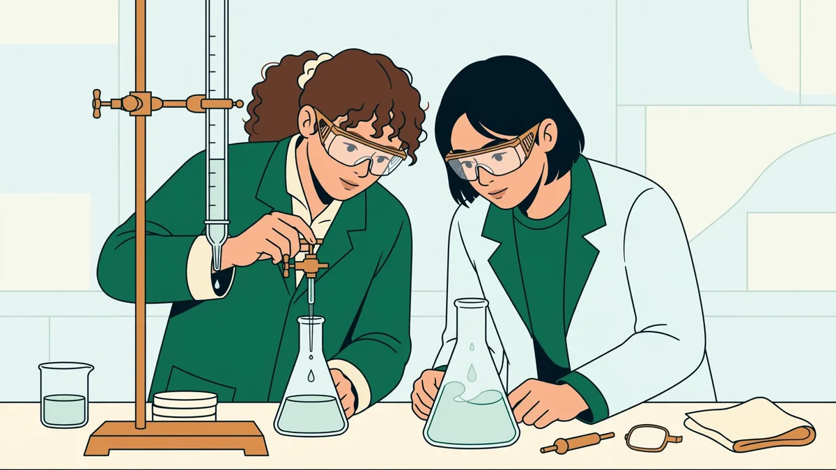 Illustration : deux étudiants en blouse et lunettes qui réalisent un titrage ensemble à une paillasse, l'un verse, l'autre observe.