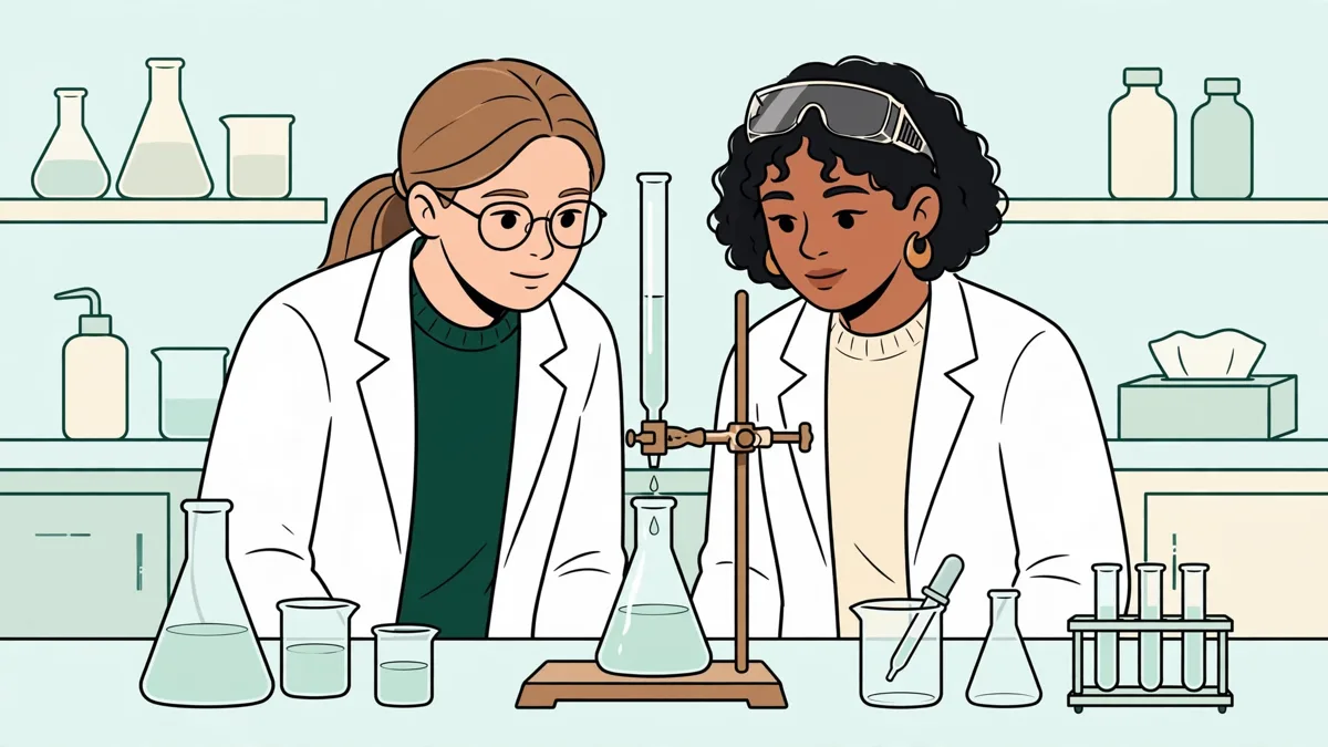 Deux étudiants en blouse manipulant ensemble une burette et un bécher dans un laboratoire de chimie lumineux.
