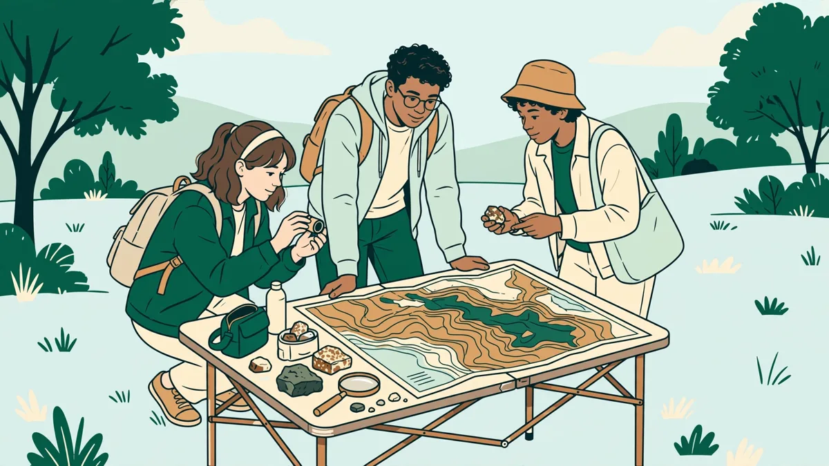 Trois étudiants en extérieur observant des échantillons de roches et une carte géologique posée sur une table pliante.