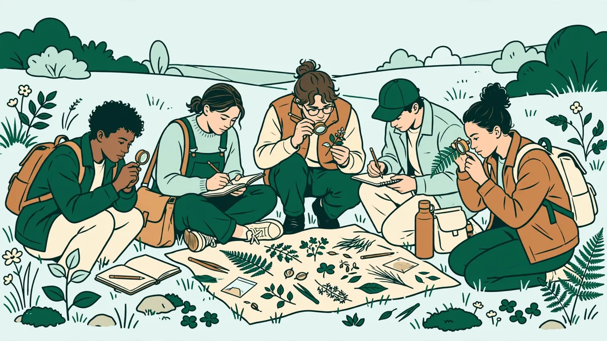 Un petit groupe d'étudiants en extérieur qui observent des plantes avec loupes et carnets de terrain.