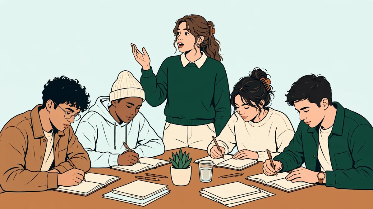 Des étudiants en premier cycle autour d'une table de TD, l'une debout en train d'argumenter pendant que les autres prennent des notes.