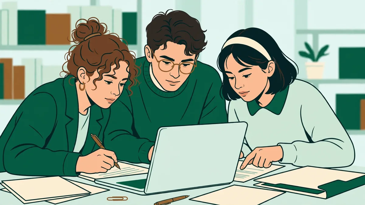 Trois étudiantes et étudiants penchés sur un dossier avec un ordinateur portable, en train de préparer une présentation en bibliothèque.