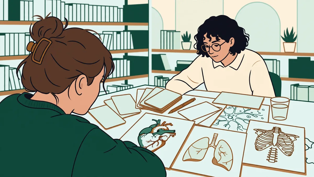 Deux étudiantes qui révisent ensemble leurs notes de santé dans une bibliothèque universitaire, avec fiches et schémas étalés.