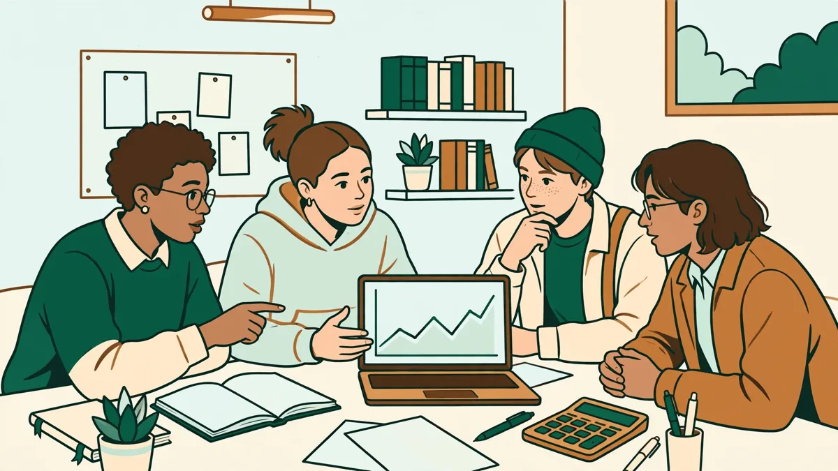 Quatre étudiants autour d'une table de TD qui analysent ensemble un graphique économique sur un ordinateur portable, avec calculatrice et cahiers ouverts.
