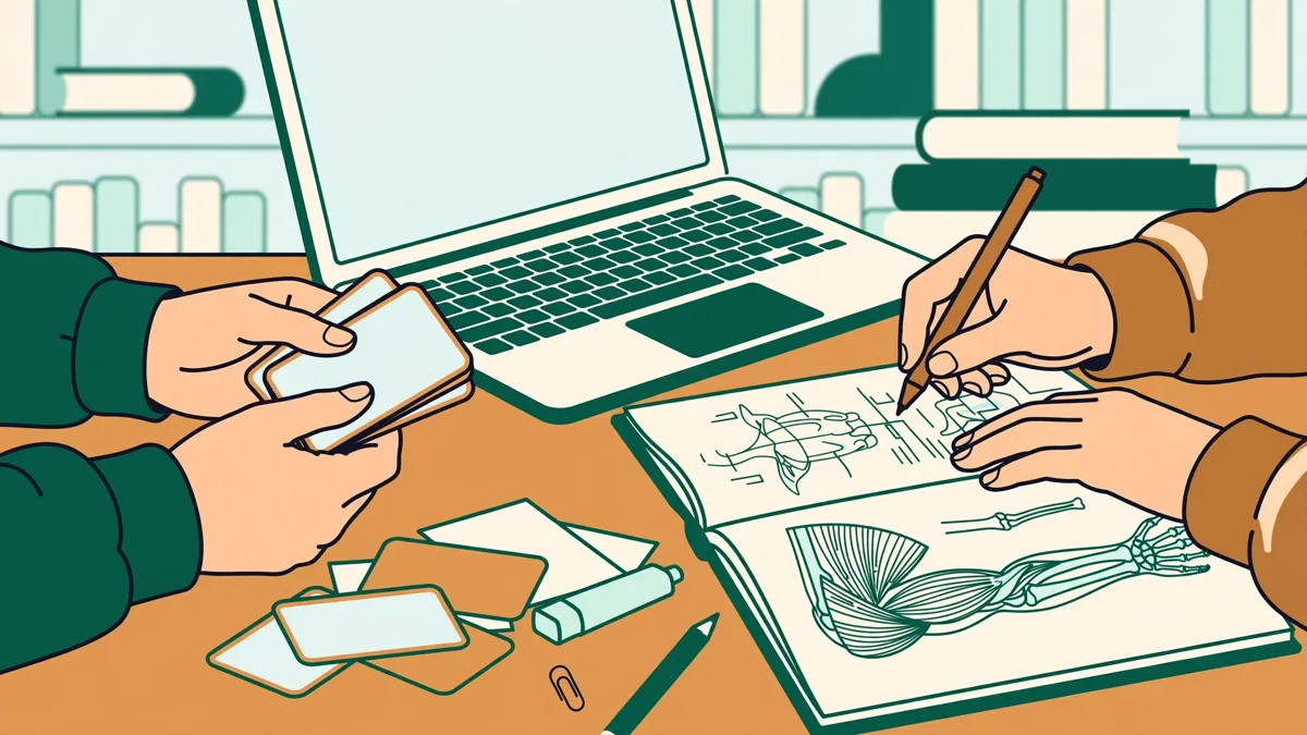 Deux étudiantes qui révisent ensemble la mineure santé, fiches et schémas d'anatomie étalés sur une table de bibliothèque, avec un ordinateur portable ouvert.