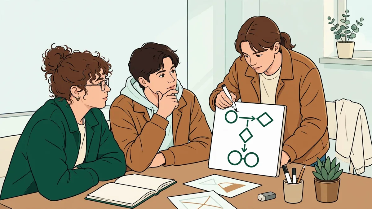 Illustration : trois étudiants résolvent un exercice de logique autour d’une table, l’un écrit au tableau blanc.