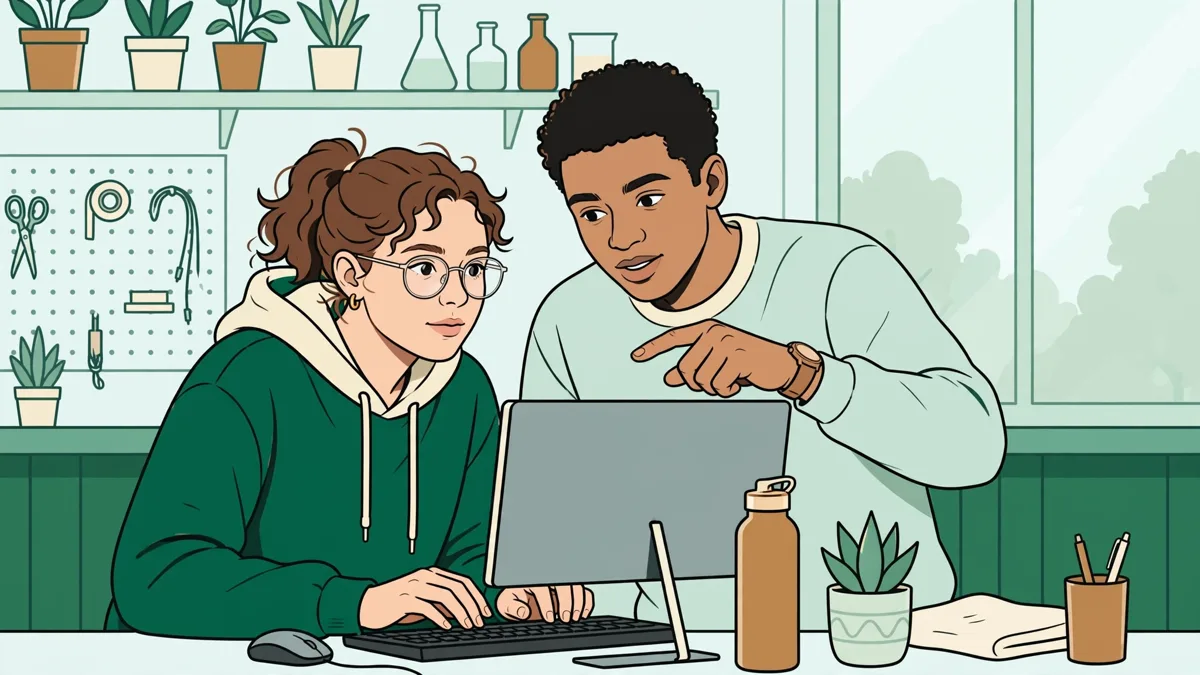 Illustration : deux étudiants programment ensemble sur un même écran dans une salle de TP lumineuse.