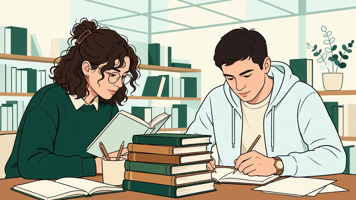 Deux étudiantes dans une bibliothèque lumineuse qui lisent des romans en anglais et prennent des notes dans des carnets.