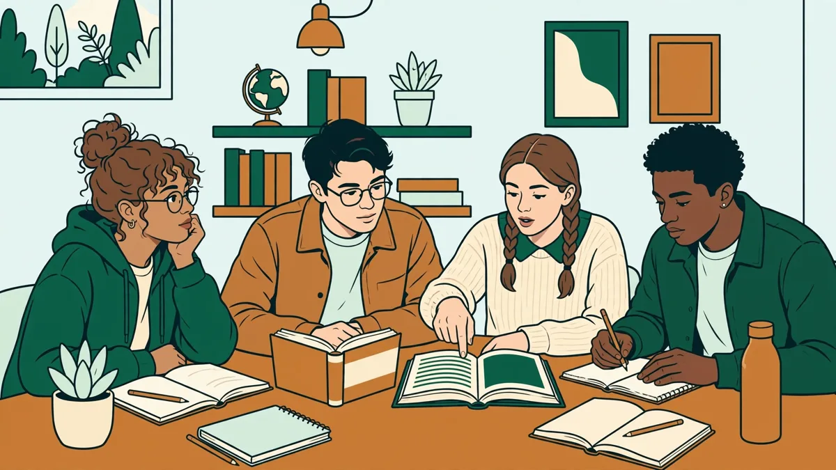 Petit groupe d'étudiants autour d'une table qui comparent un roman en anglais et un texte en allemand, l'une montrant un passage à ses voisins.