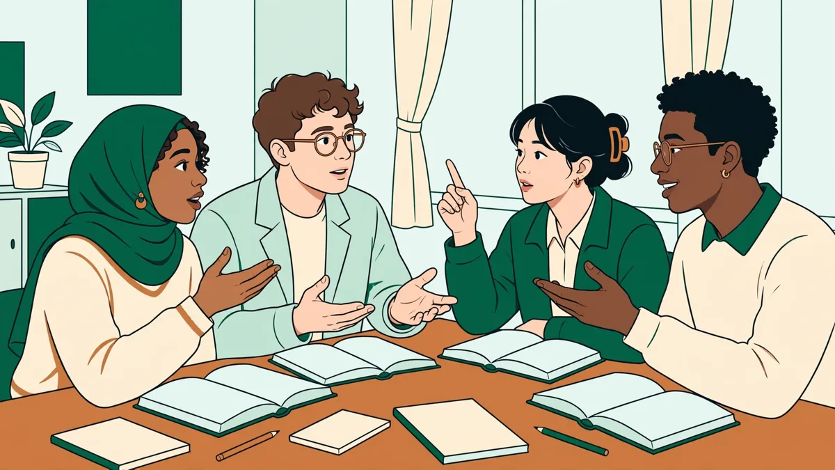 Petit groupe d'étudiants qui débattent autour d'une table avec des romans anglais ouverts et des carnets