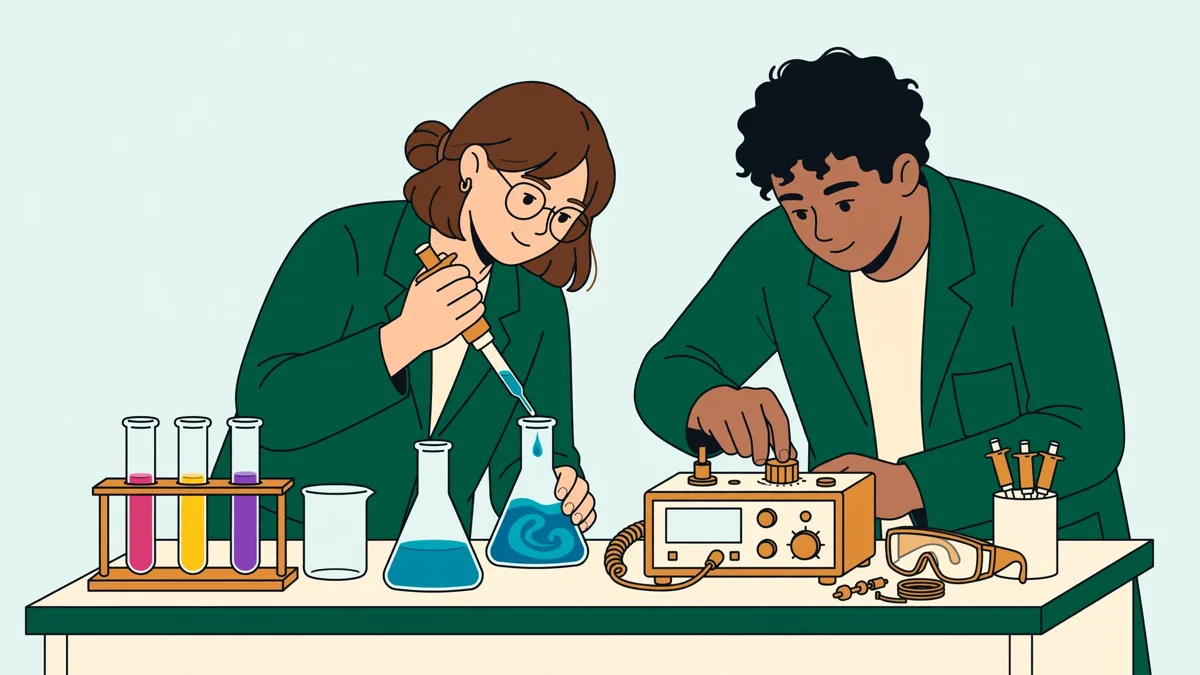 Deux étudiants en blouse devant une paillasse, l'un qui pipette une solution colorée, l'autre qui règle un appareil de mesure pendant un TP.