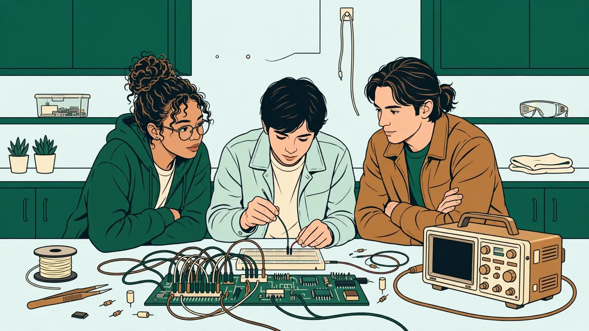 Trois étudiants autour d'une paillasse d'électronique qui branchent des fils sur une maquette et observent un oscilloscope