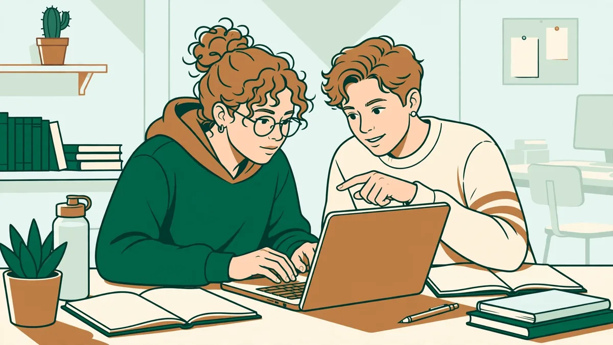 Deux étudiants devant un écran d'ordinateur en salle de TP, l'un tape au clavier pendant que l'autre pointe une ligne de code