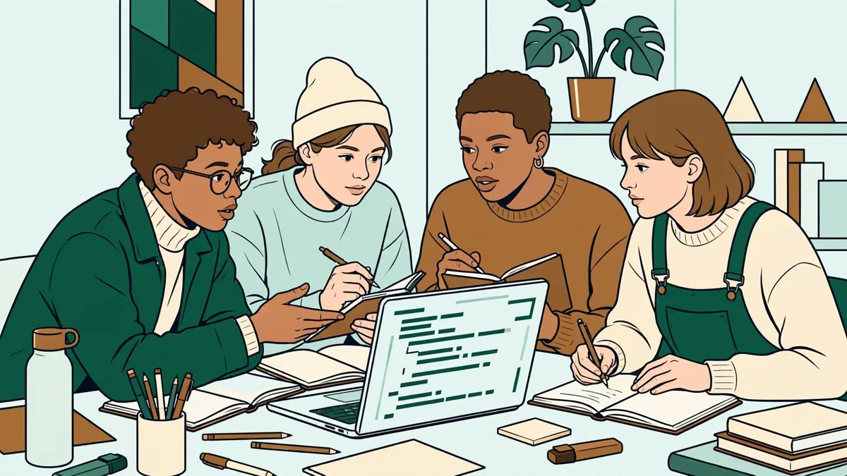 Quatre étudiants en action autour d'une table : l'une explique un algorithme sur un ordinateur portable pendant que les autres prennent des notes et posent des questions.