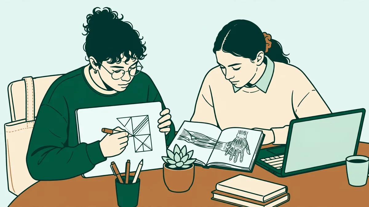 Deux étudiants en action : l'un écrit une démonstration mathématique sur un tableau blanc, l'autre annote un schéma d'anatomie sur un cahier à côté d'un ordinateur portable.