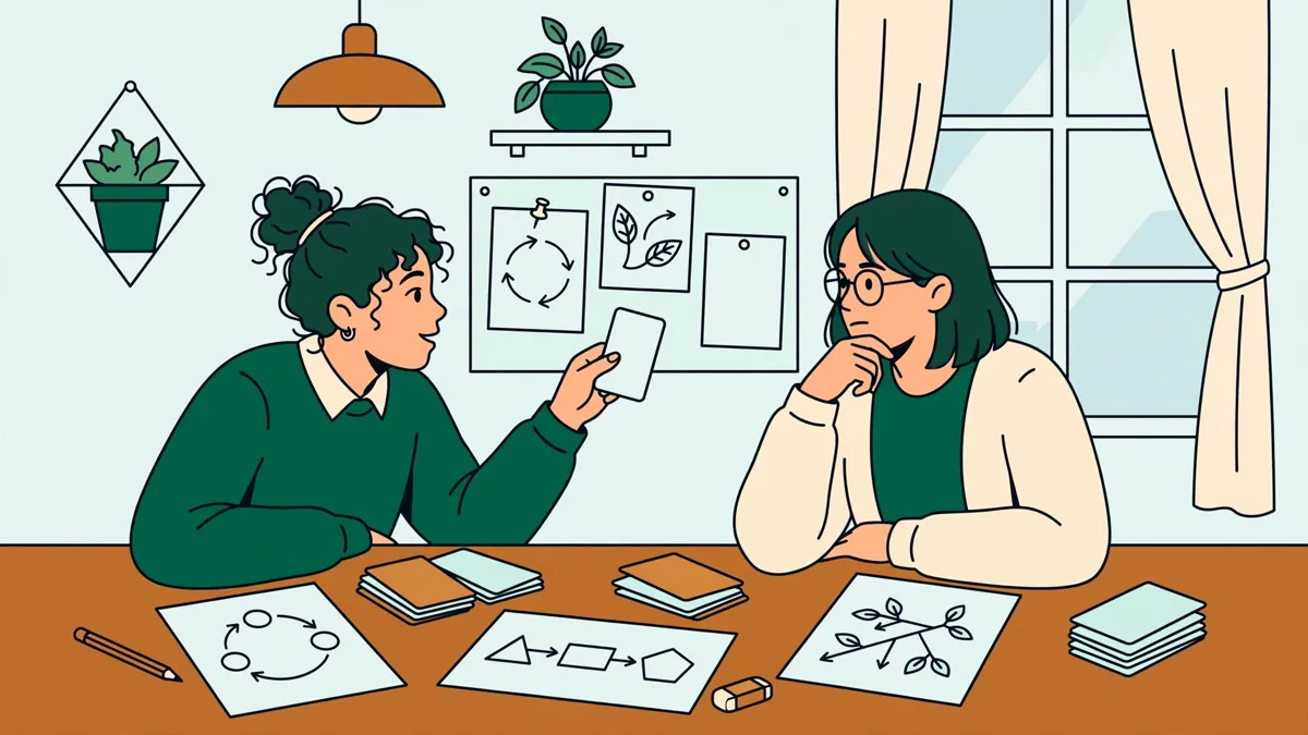 Deux étudiantes qui révisent ensemble à une table, avec fiches et schémas, l'une interroge l'autre sur la mineure santé.