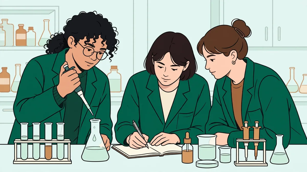 Trois étudiants en blouse autour d'une paillasse de chimie, l'un verse un liquide avec une pipette pendant qu'une autre note les observations.