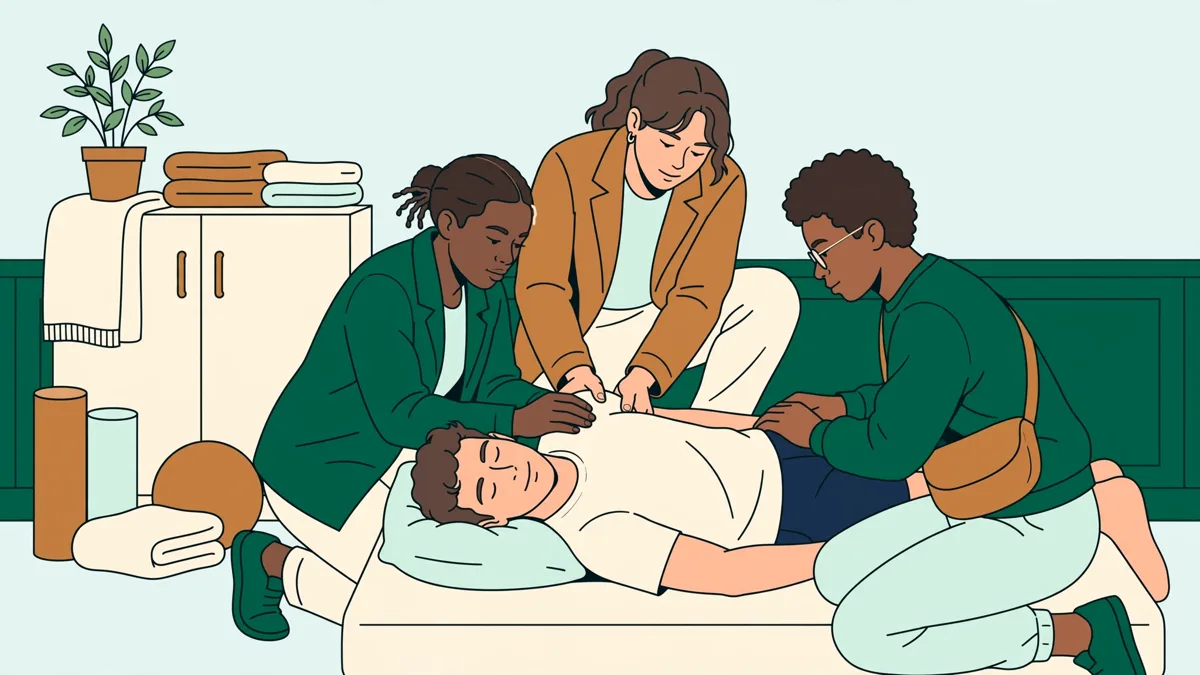 Trois étudiants en kinésithérapie pratiquant une mobilisation d'épaule sur un camarade dans une salle de travaux pratiques