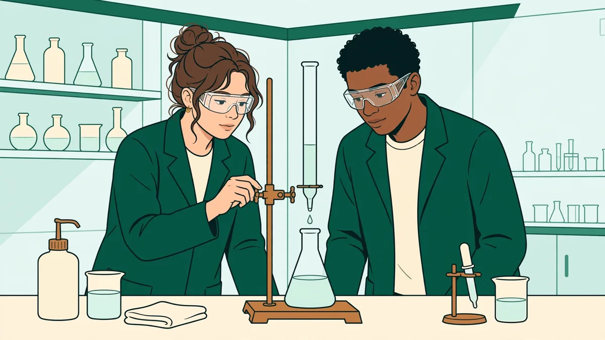 Deux étudiants en blouse effectuant un titrage avec burette et fiole dans un laboratoire universitaire lumineux