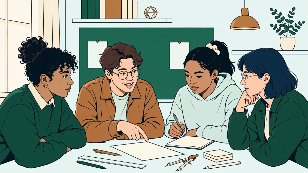 Quatre étudiants en travaux dirigés de maths autour d'une table, en train de résoudre un exercice ensemble sur une feuille.