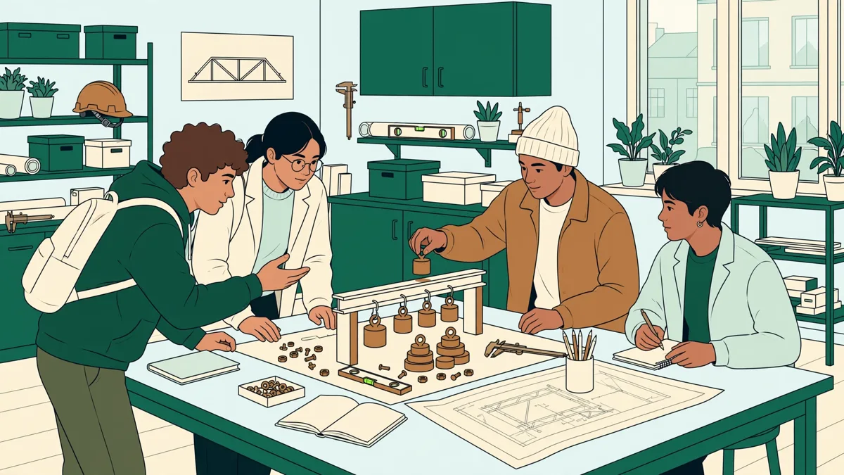 Quatre étudiants autour d'une grande table qui testent une maquette de poutre avec des poids, carnets et plans posés à côté.