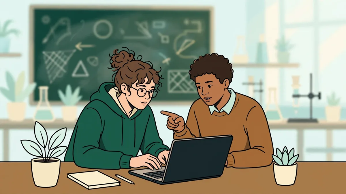 Deux étudiants en licence informatique devant un écran, l'un tape au clavier pendant que l'autre pointe une erreur, avec un tableau couvert de formules derrière eux.