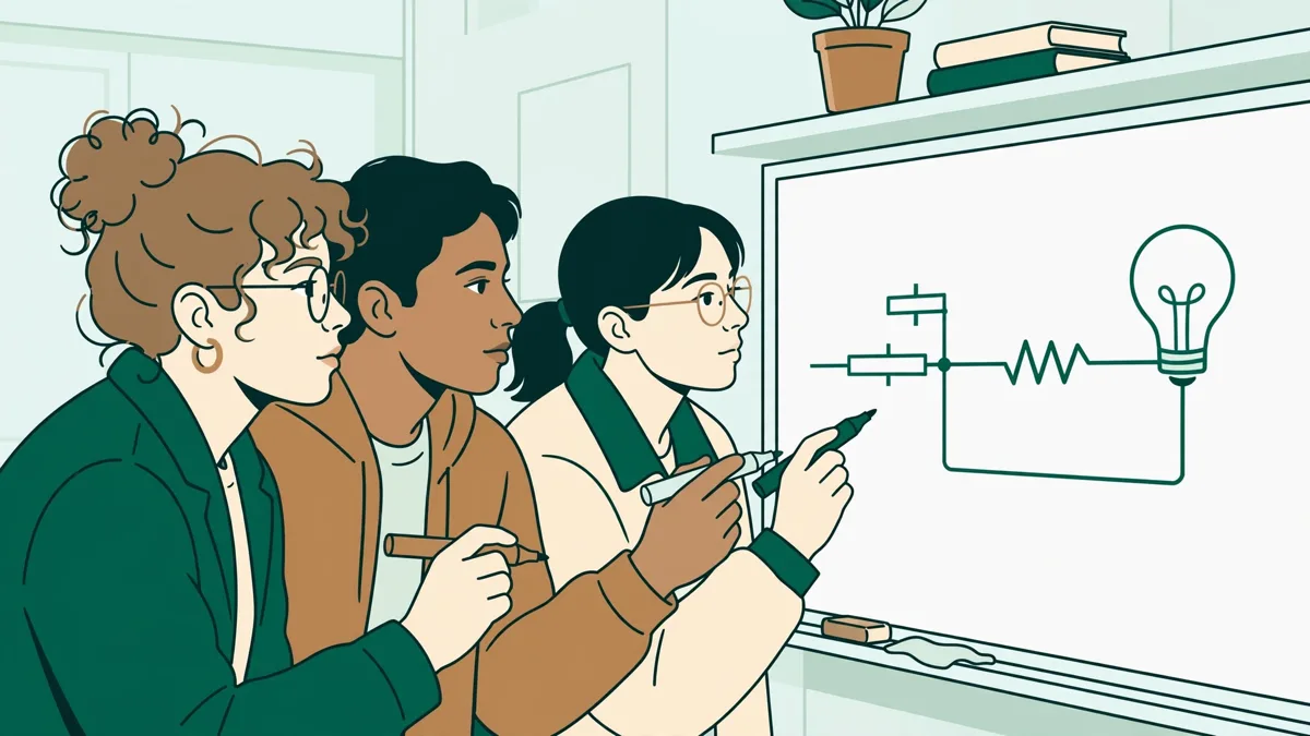 Trois étudiants autour d'un tableau blanc qui mettent en équations un montage électrique simple.