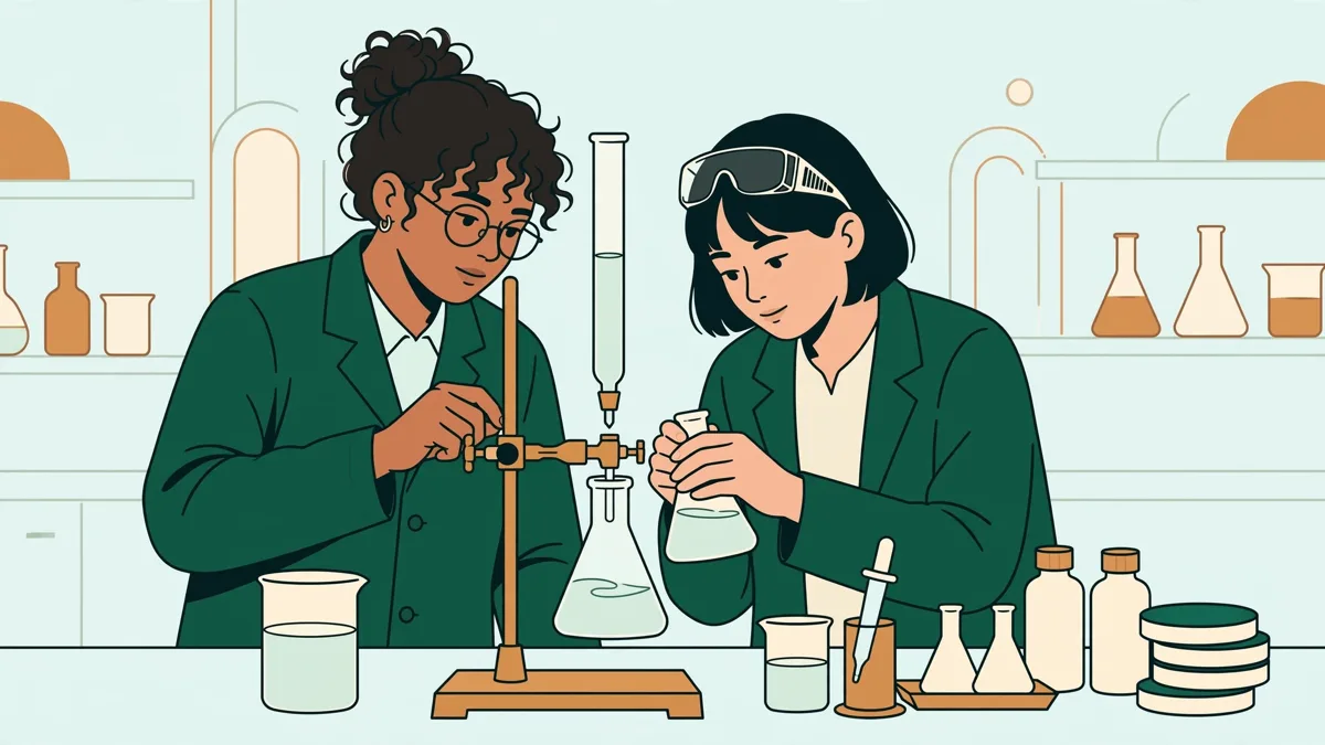 Deux étudiants en blouse qui réalisent un dosage en TP de chimie, burette et béchers sur la paillasse.