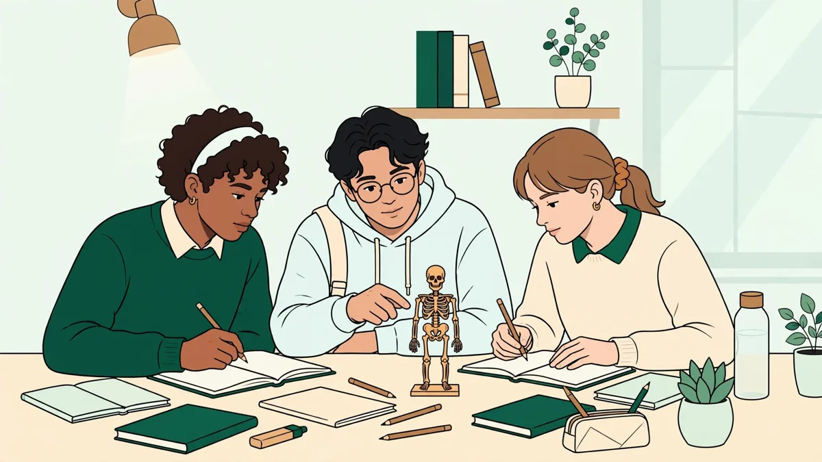 Trois étudiants de première année qui révisent l'anatomie ensemble autour d'une table avec un modèle de squelette et des carnets