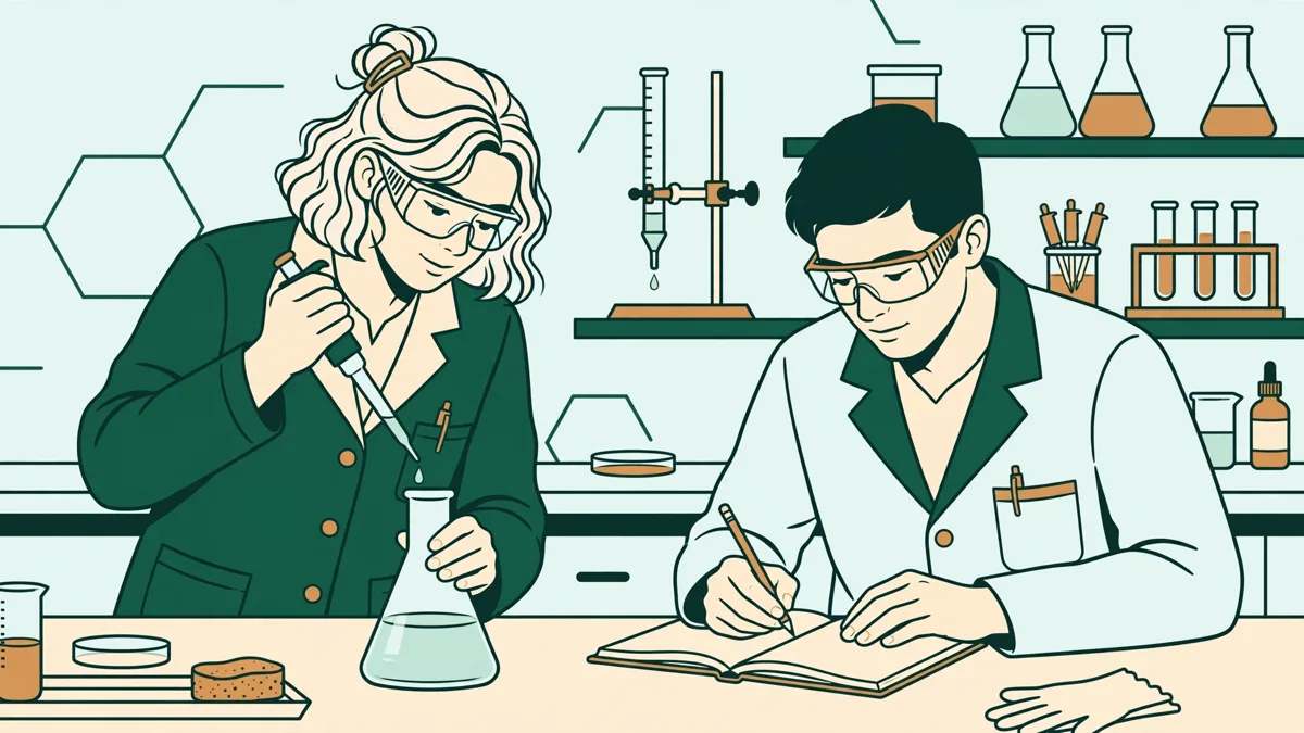 Deux étudiants en blouse en travaux pratiques de chimie, l'un qui verse un liquide avec une pipette, l'autre qui note les mesures