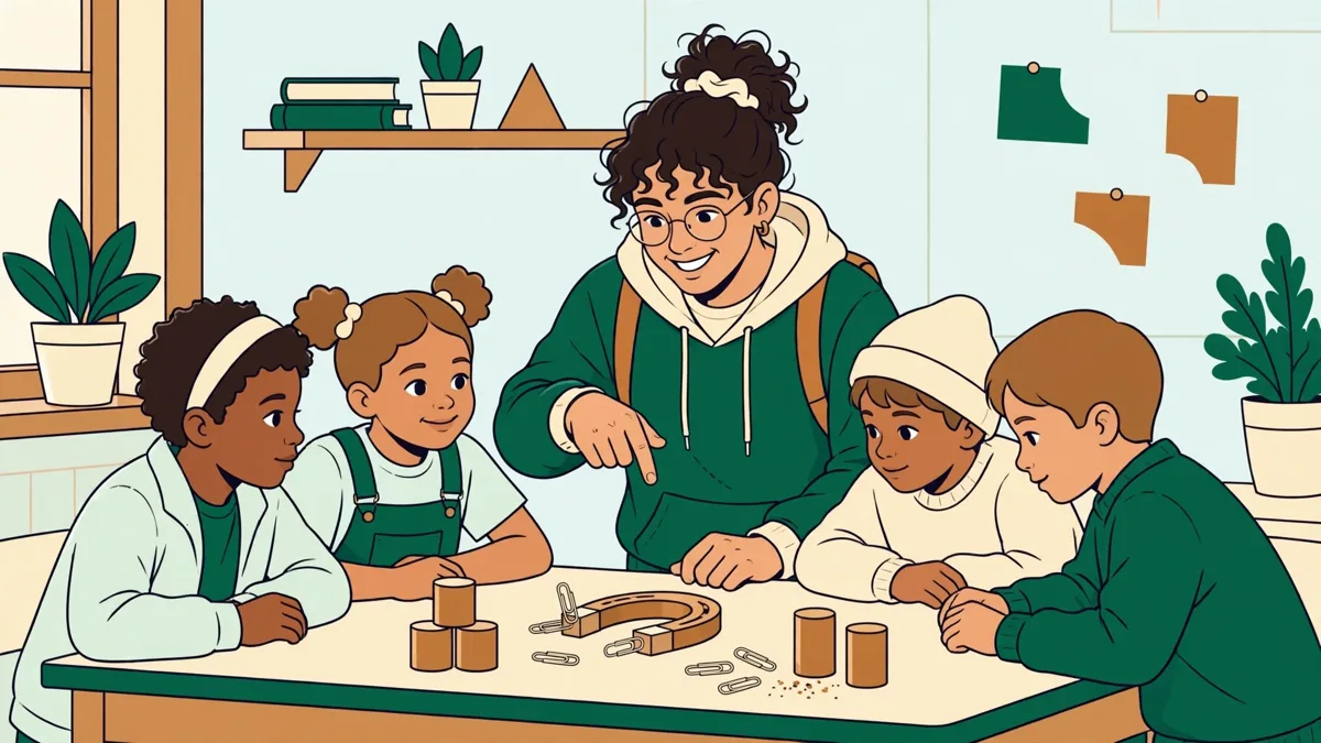 Une étudiante anime une petite expérience de sciences devant des élèves, avec du matériel simple posé sur une table.
