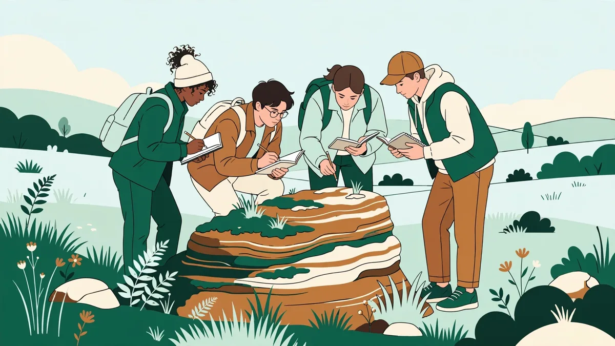 Un petit groupe d'étudiants en sortie géologie qui observent une coupe de roche, carnets et marteau de géologue en main