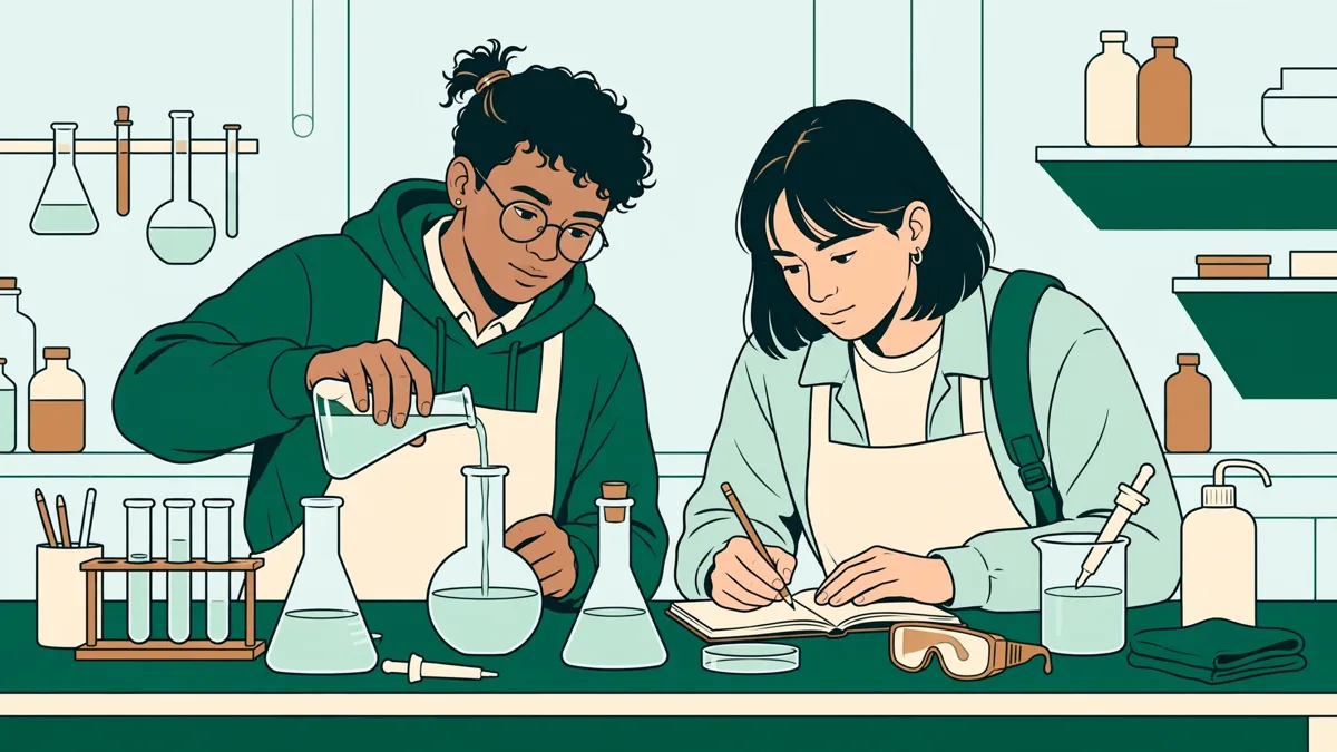 Deux étudiants en TP de chimie autour d'une paillasse, l'un verse un liquide dans une fiole pendant que l'autre note les observations