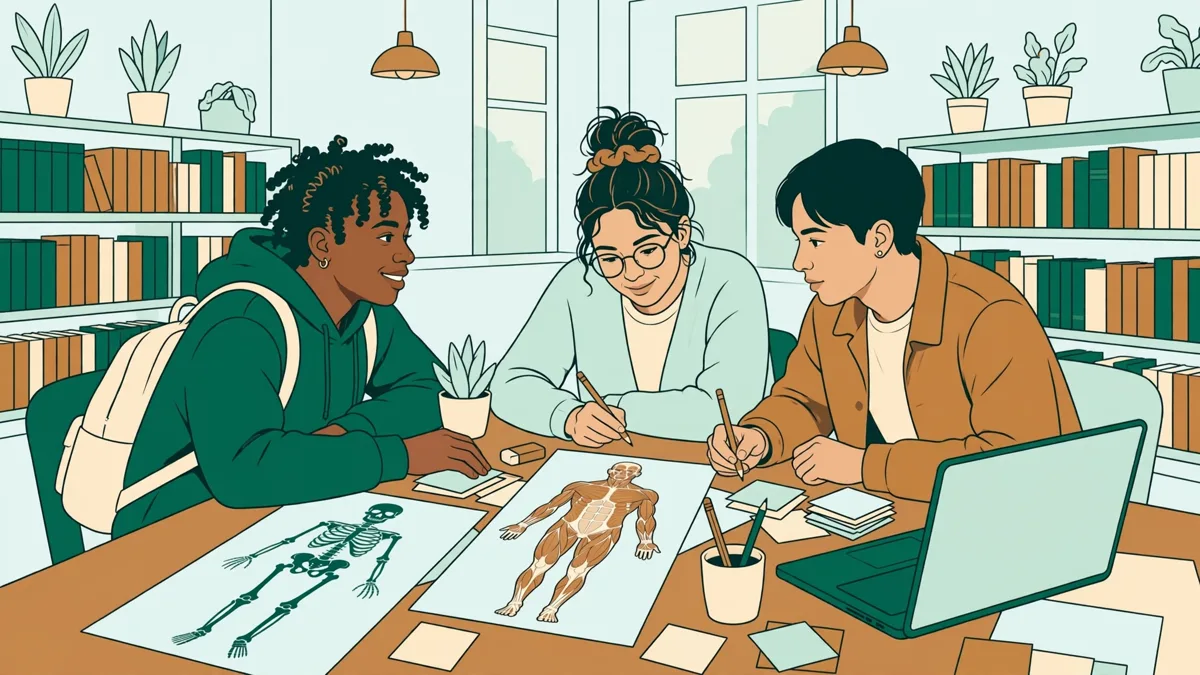 Trois étudiants autour d'une table de bibliothèque universitaire qui révisent ensemble avec schémas d'anatomie, fiches et ordinateur portable