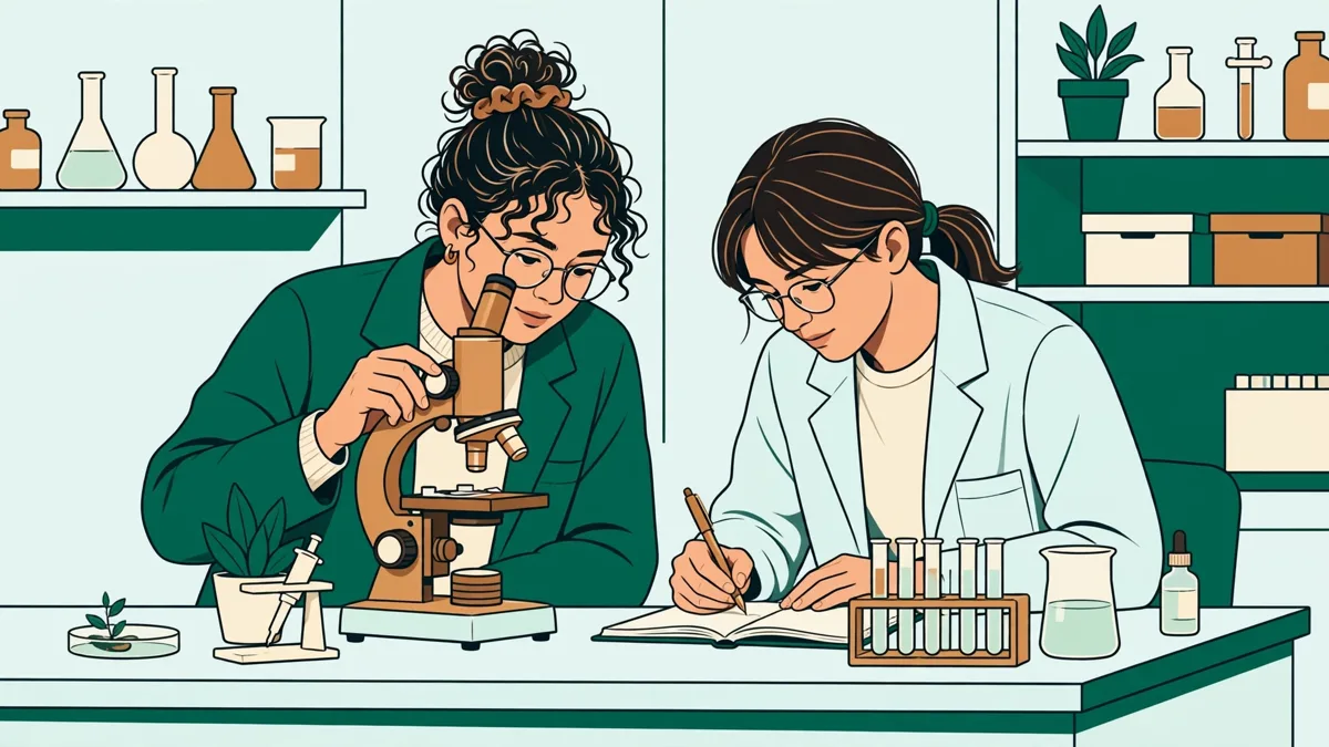 Deux étudiants en blouse devant une paillasse de laboratoire universitaire, l'un règle un microscope pendant que l'autre annote un cahier de TP