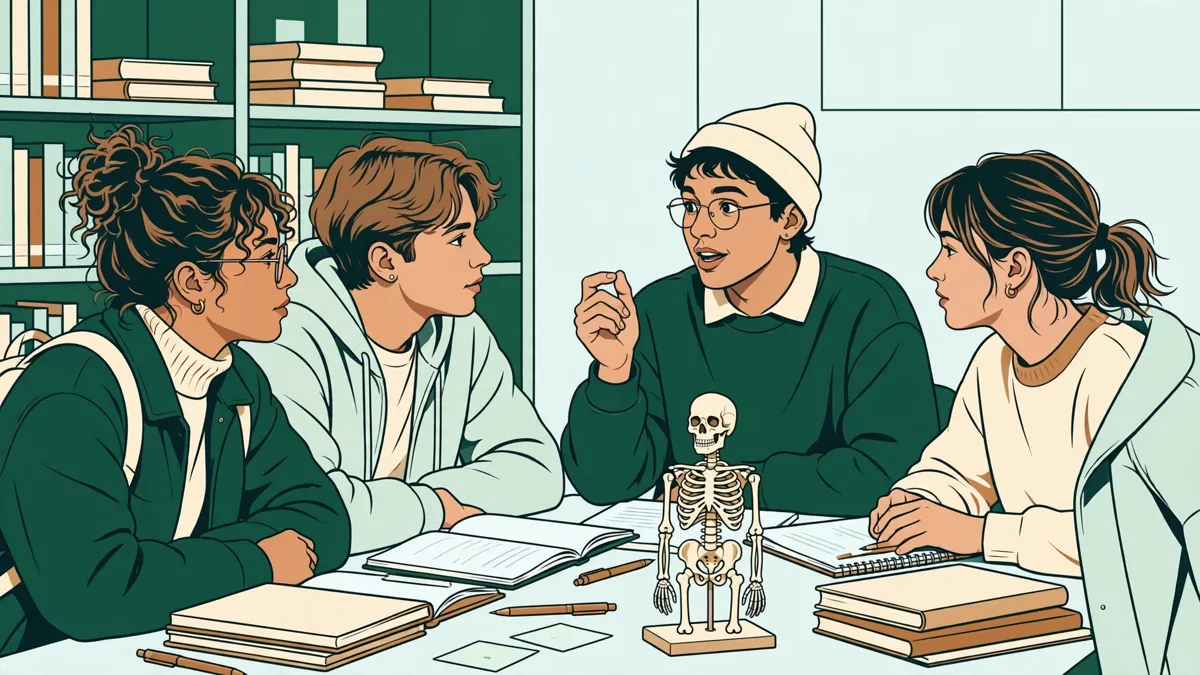 Petit groupe d'étudiants de première année qui révisent ensemble autour d'une table, avec cahiers, modèle de squelette et fiches